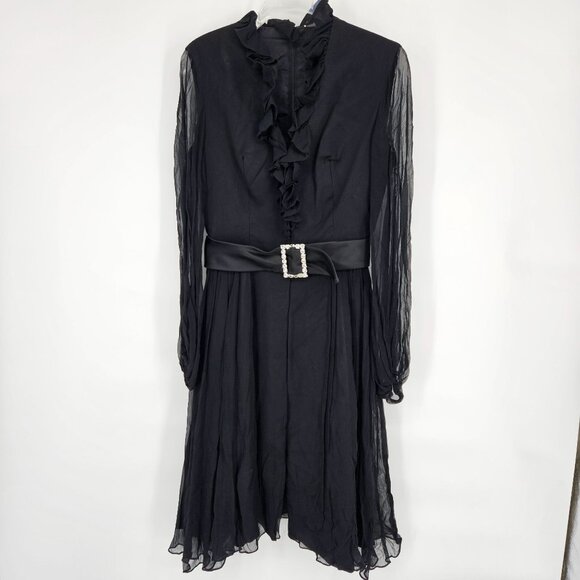 Vintage 1960s Cocktail Party Dress 9 Black Chiffon Ruffle V Neck Rhinestone Belt - Picture 2 of 13
